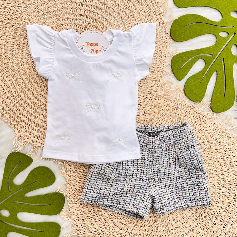 Conj. Blusa Laço de Strass com Pérola e Short Tweed - Branco